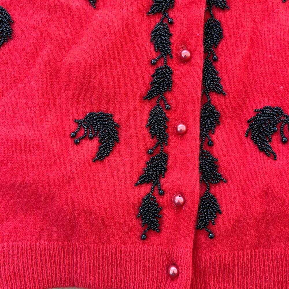 Vintage Original 1950s 60s Red Angora Lambswool Cardigan Beaded Sweater Medium - Picture 7 of 12